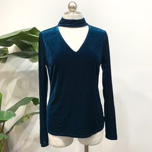 Tahari Blue Velvet Mockneck Cutout Top